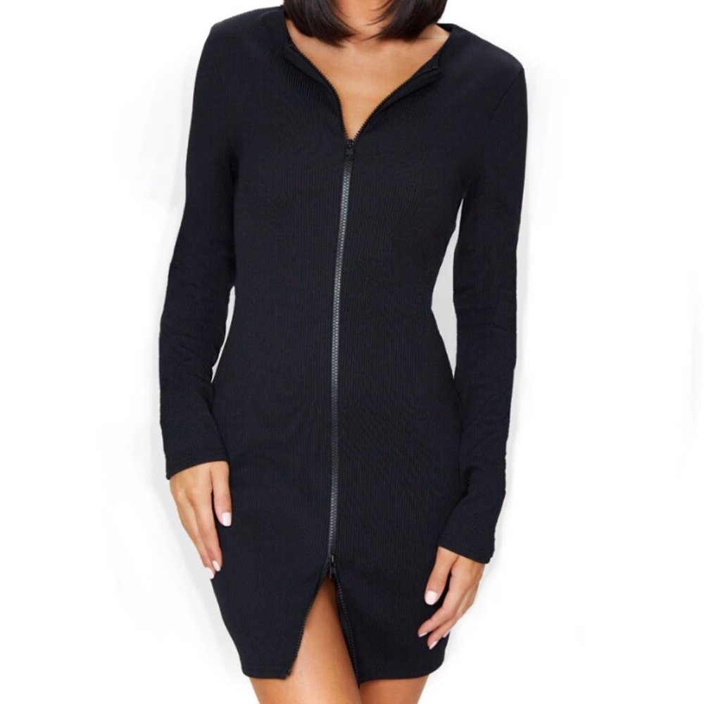 Pretty Little Things Black Jumbo Rib Zip Bodycon Dress - NWT